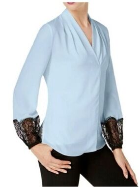 Kobi Women's Blue Long Sleeve Balloon Black Lace Pleated Shift Blouse Small XS